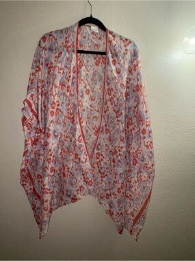 Sonoma Coral and Pale Blue Printed Open-Front Sweater Poncho